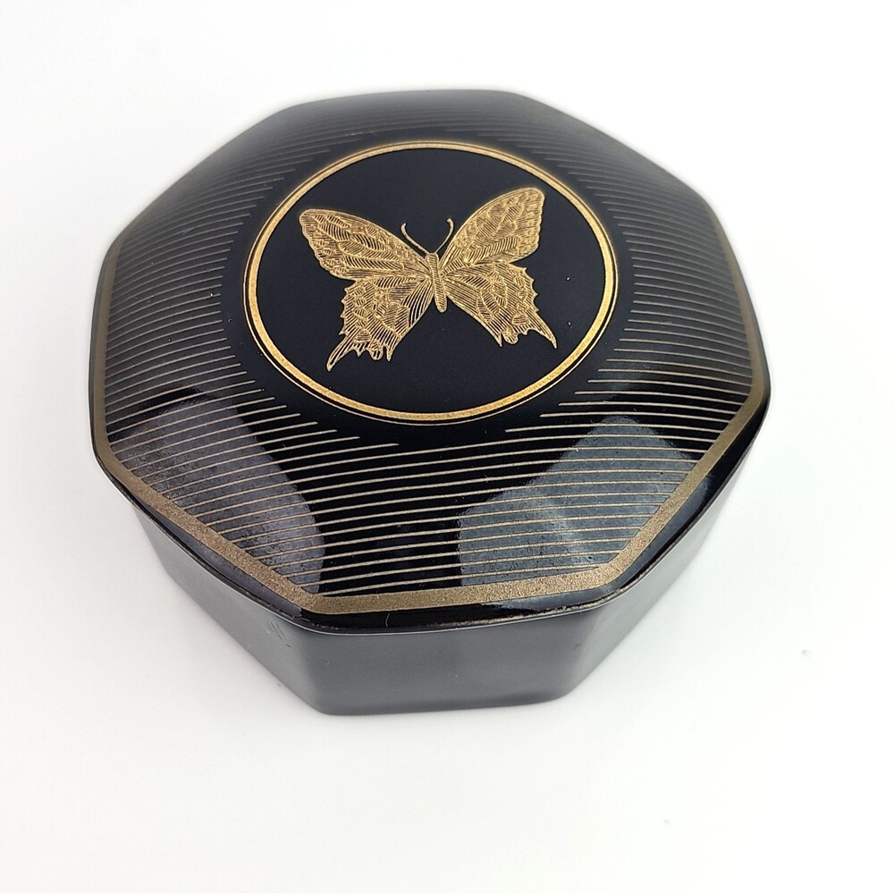 Papillon Otagiri Black Porcelain Trinket Box 3 inch Diameter Gold Tone Butterfly
